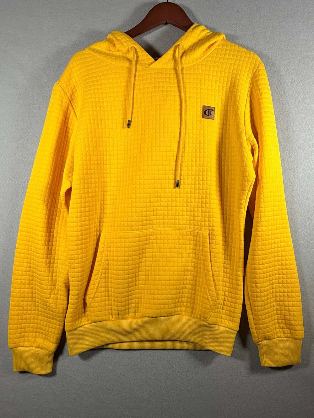 Mens Waffle Grid Textured Pullover Hoodie Size L Mustard Yellow Kangaroo Pocket